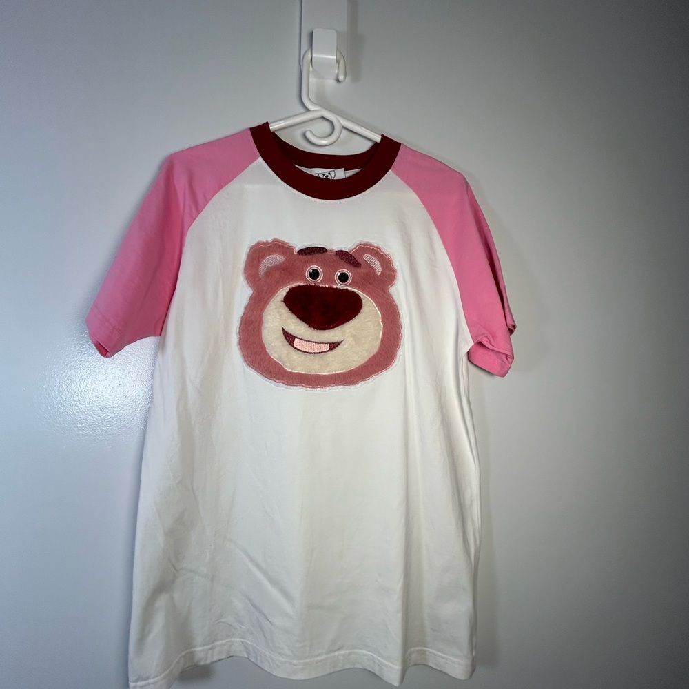 Designer Moschino White and Pink Short Sleeve Tee with a Furry Pink Bear Detail!